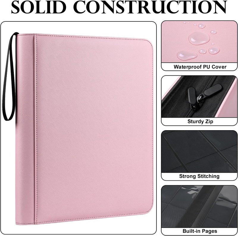 GEAoffice 9 Pockets Top Loader Binder Holds 324 Cards, Premium PU Leather Trading Card Binder for Toploader, Side Loading Zipper Card Binder Top Loader for 3"×4" Rigid, MTG, TCG, Waterproof, Pink - Image 3